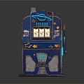 Vintage Blue Slot Machine With Star Decorations And Spinning Reels