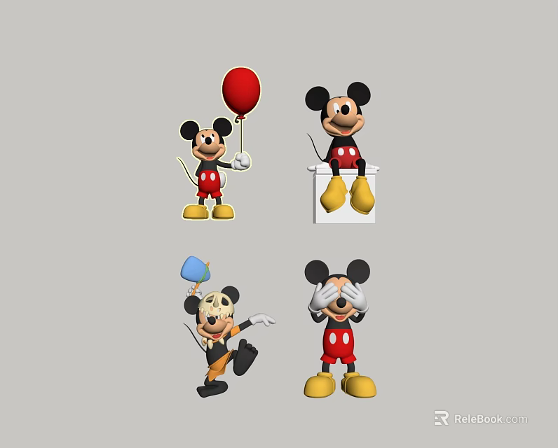 Different Poses of Mickey Mouse Dolls with Red Balloon Blue Hat and Glasses 3d model 