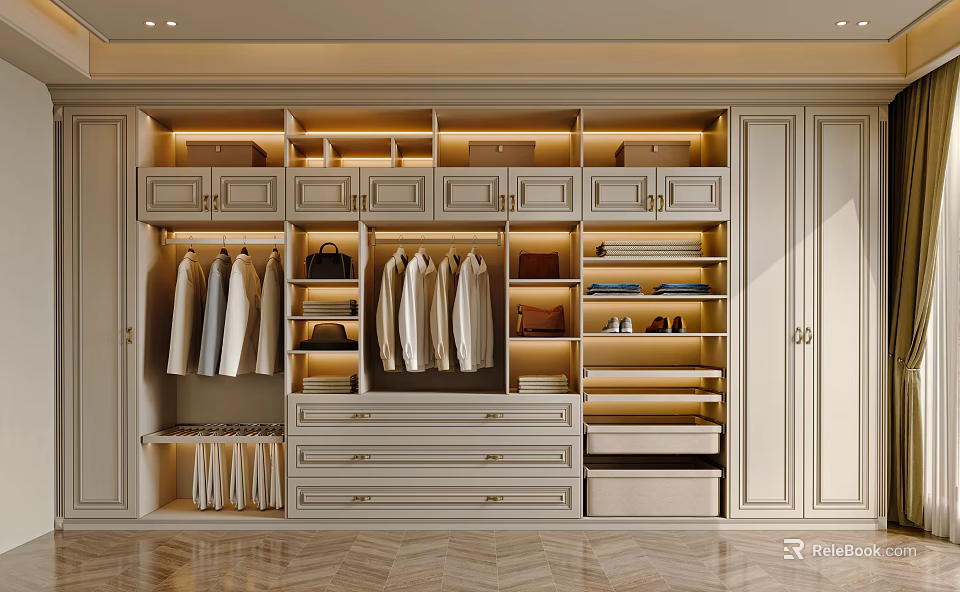 Modern Light Colored Wardrobe Interior With Hanging Rods Drawers Shelves And LED Lighting 3d model 