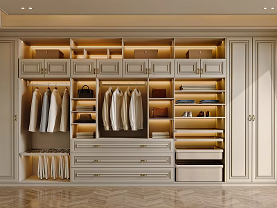 Modern Light Colored Wardrobe Interior With Hanging Rods Drawers Shelves And LED Lighting 3d model