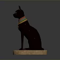 Egyptian Style Black Cat Statue With Colorful Collar On Stone Base