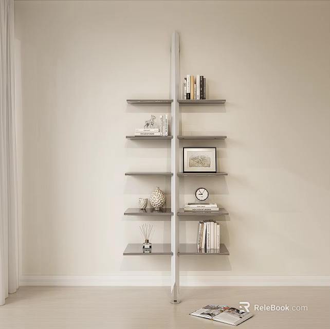 Modern Bookshelf With Multiple Shelves Holding Books Decorative Frames And Clock 3d model