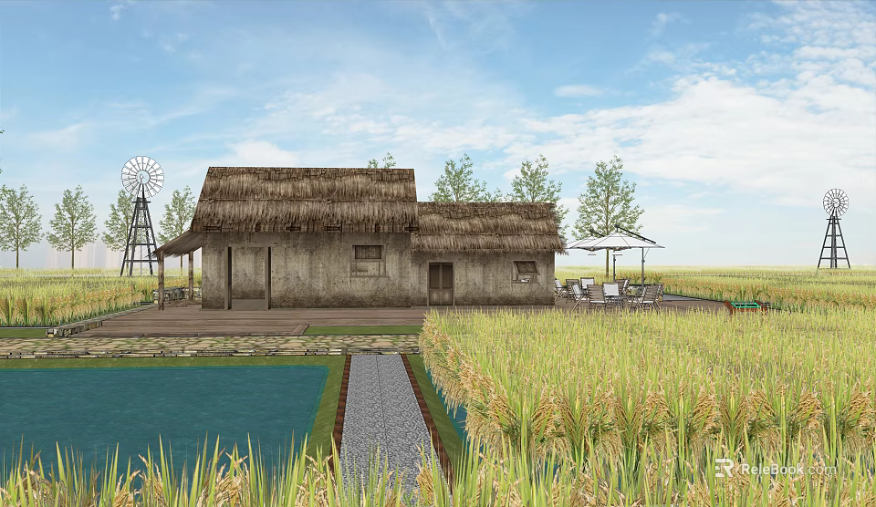 Rural Landscape With Thatched Roof House Windmill Rice Field Pond Blue Sky And White Clouds 3d model 