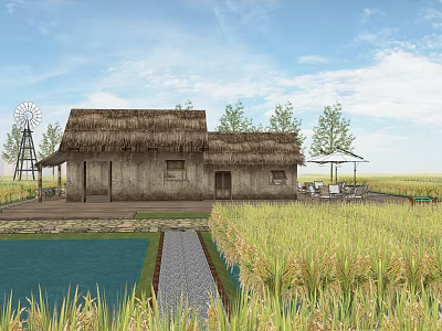 Rural Landscape With Thatched Roof House Windmill Rice Field Pond Blue Sky And White Clouds 3d model