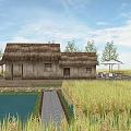 Rural Landscape With Thatched Roof House Windmill Rice Field Pond Blue Sky And White Clouds