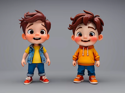3D Animated Game Movie Boy Characters With Brown Hair Friendly Expressions And Colorful Outfits 3d model