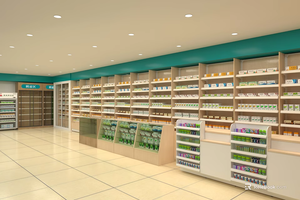 Spacious Pharmacy Store Interior With Organized Shelves Medicines And Refrigerators 3d model 