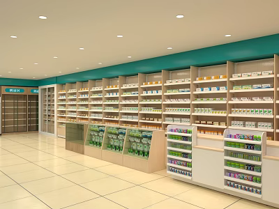 Spacious Pharmacy Store Interior With Organized Shelves Medicines And Refrigerators 3d model