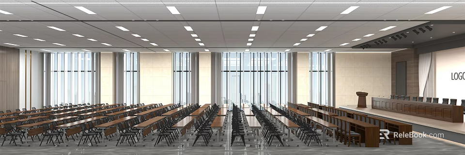 Spacious Conference Room Interior With Long Tables Chairs And Large Windows 3d model 