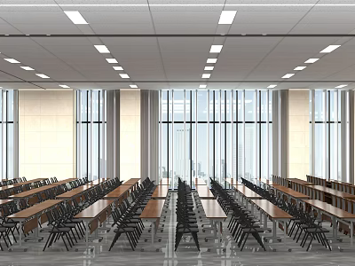 Spacious Conference Room Interior With Long Tables Chairs And Large Windows 3d model