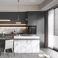 Modern Restaurant Interior Design With Dark Cabinets Marble Island Pendant Lights And Two Chairs