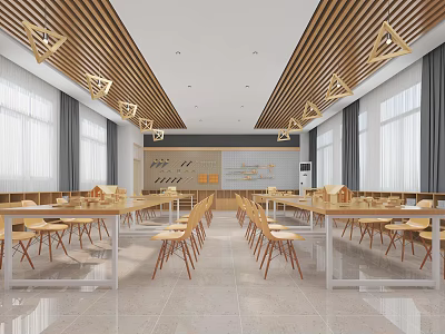 School Dining Hall Interior With Wooden Tables Chairs And Geometric Lamps 3d model