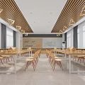 School Dining Hall Interior With Wooden Tables Chairs And Geometric Lamps