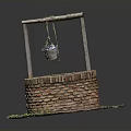 Traditional Brick Well Structure With Wooden Frame Hanging Water Bucket And Green Plants