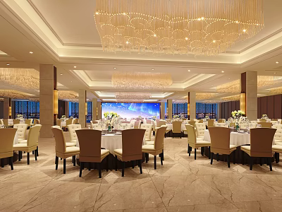Elegant Luxurious Banquet Hall With Crystal Chandeliers Dining Tables Large Screen And Marble Floor 3d model