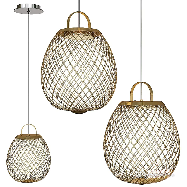 Elegant Modern Pendant Lights With Golden Frame Three Sizes And Woven Mesh Design 3d model 