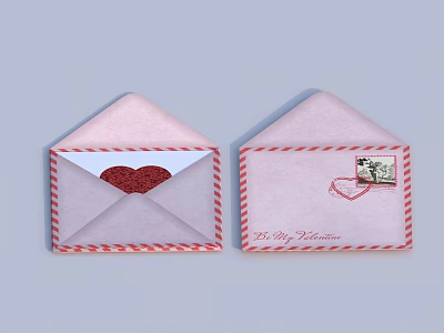 Decorative Ornament Set Featuring Pink Envelopes Red Heart Striped Edges And 25th February Date 3d model