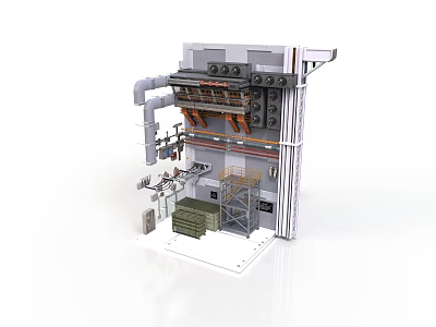 Industrial Machinery Structure With Pipes Control Panels Platform And Storage Boxes 3d model