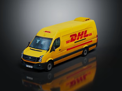 Yellow DHL Delivery Van With Red Logo On Reflective Surface 3d model