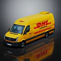 Yellow DHL Delivery Van With Red Logo On Reflective Surface