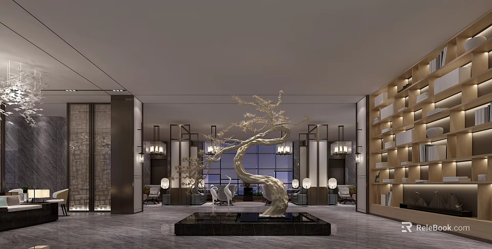 Hotel Public Lounge Area With Decorative Tree Large Windows Chandeliers And Comfortable Seating 3d model 