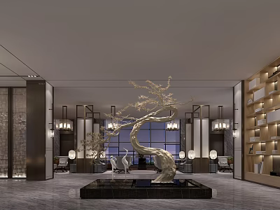 Hotel Public Lounge Area With Decorative Tree Large Windows Chandeliers And Comfortable Seating 3d model