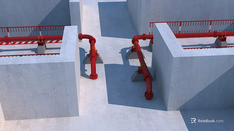 Industrial Construction Site With Red Pipes Concrete Structures And Guardrails 3d model