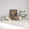 Elegant Decorative Ornament Set With Framed Painting Teapot Teacups Walnuts And Flower Vase Bouquet