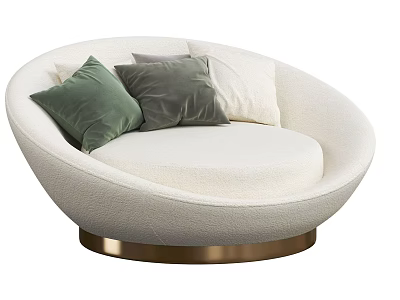 Beige Round Single Seater Sofa With Green Grey White Pillows And Gold Base 3d model
