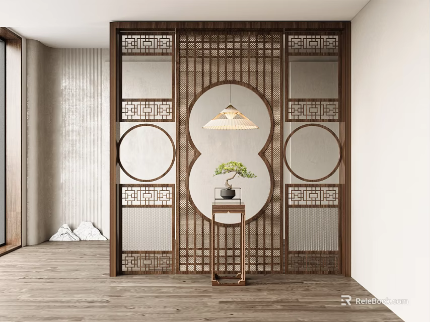 Chinese Style Wooden Screen With Intricate Openwork Design And Pendant Light In Modern Interior 3d model 