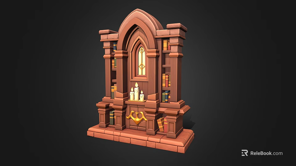 Gothic Style Brown Decorative Bookshelf With Arched Design Candlestick And Books 3d model 