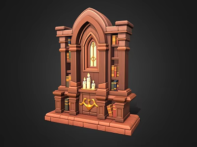 Gothic Style Brown Decorative Bookshelf With Arched Design Candlestick And Books 3d model