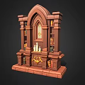 Gothic Style Brown Decorative Bookshelf With Arched Design Candlestick And Books