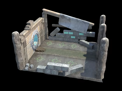Ruined Stone Scene Structure With Broken Walls Green Symbols And Scattered Blocks 3d model