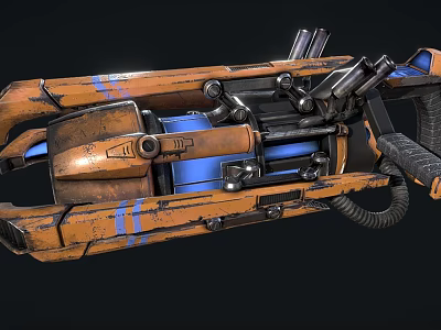 Futuristic Weapon Orange And Blue Metallic Structure With Multiple Barrels Mechanical Parts And Cables 3d model