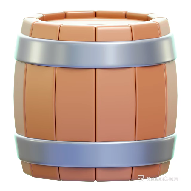 Rustic Round Wooden Barrel With Silver Metal Hoops For Household Storage 3d model 