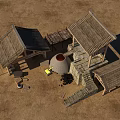 Cartoon Scene of Traditional Wooden Buildings with Tile Roofs Round Kiln and Stairs