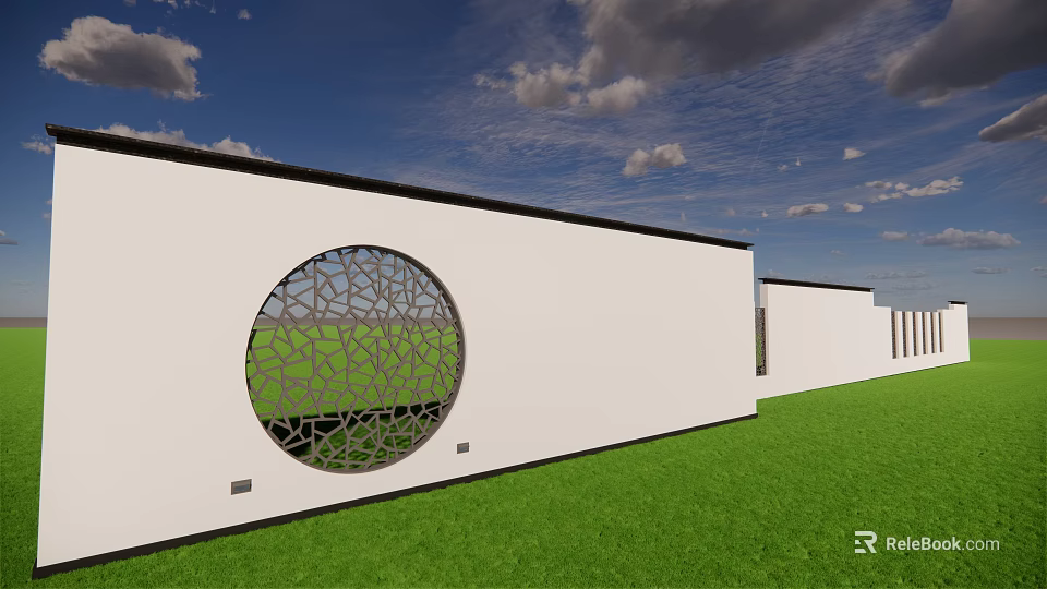 White Feature Wall with Circular Perforated Geometric Pattern Set Against Green Lawn and Blue Sky 3d model 