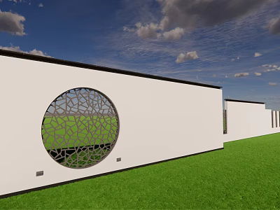 White Feature Wall with Circular Perforated Geometric Pattern Set Against Green Lawn and Blue Sky 3d model