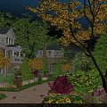 Garden Landscape Featuring European Villa Lush Trees Colorful Flowers Brick Path And Blue Sky