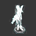 Game Movie Character With Blue Hair Holding Weapon In Decorative Outfit On Hexagonal Base