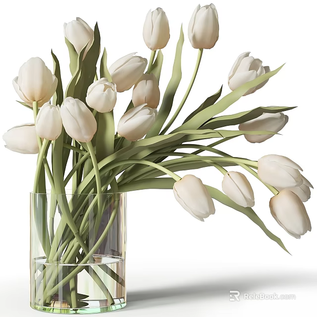 Fresh White Tulips in Transparent Glass Vase Decorative Floral Arrangement 3d model 