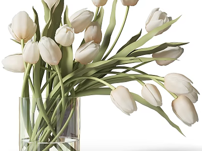 Fresh White Tulips in Transparent Glass Vase Decorative Floral Arrangement 3d model