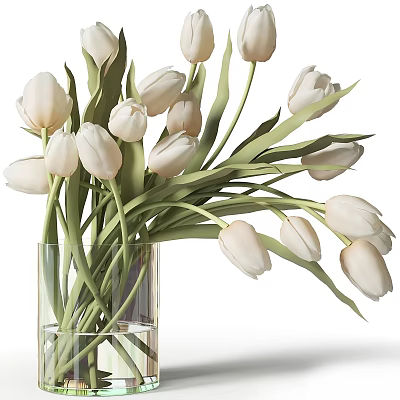Fresh White Tulips in Transparent Glass Vase Decorative Floral Arrangement 3d model