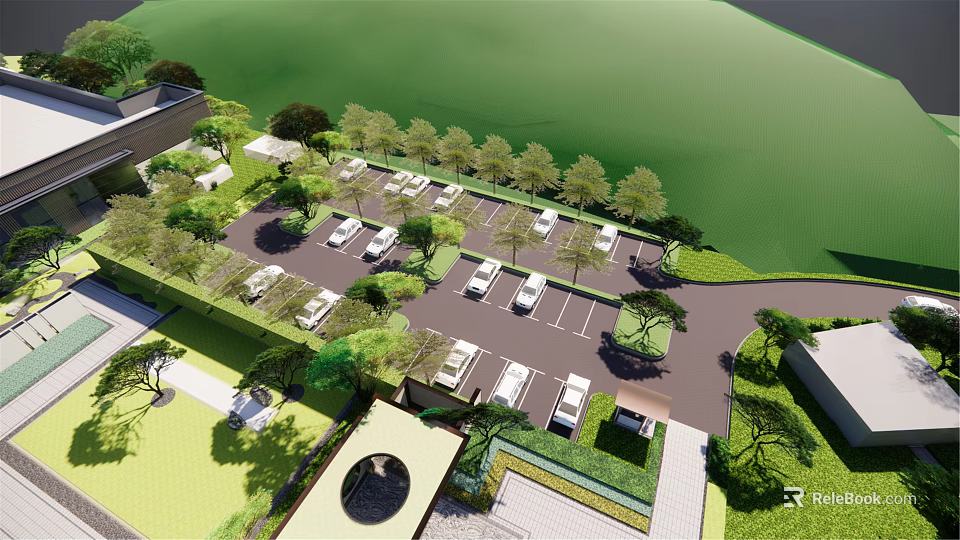Eco Friendly Parking Lot Design With Lush Greenery And Tree Shaded Spaces 3d model 