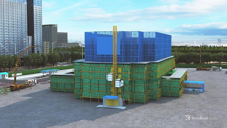 Aerial Planning of Construction Site With Under Construction Building Crane Scaffolding and Green Safety Netting 3d model 