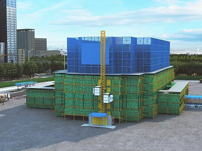 Aerial Planning of Construction Site With Under Construction Building Crane Scaffolding and Green Safety Netting 3d model