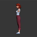 3D Female Character With Red Hair White Top Maroon Pants Arms Outstretched On Gray Background