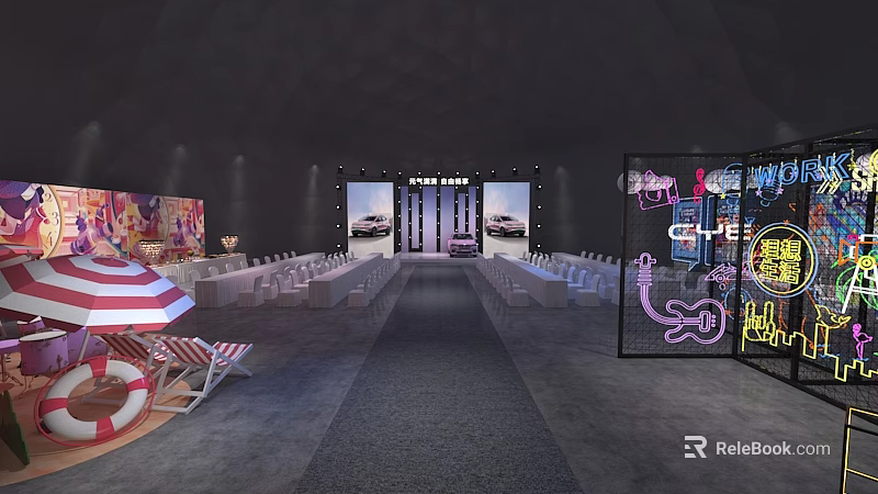 Fashion Show Runway Setup With Seating Background Screens And Neon Decorations 3d model 