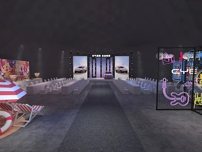 Fashion Show Runway Setup With Seating Background Screens And Neon Decorations 3d model